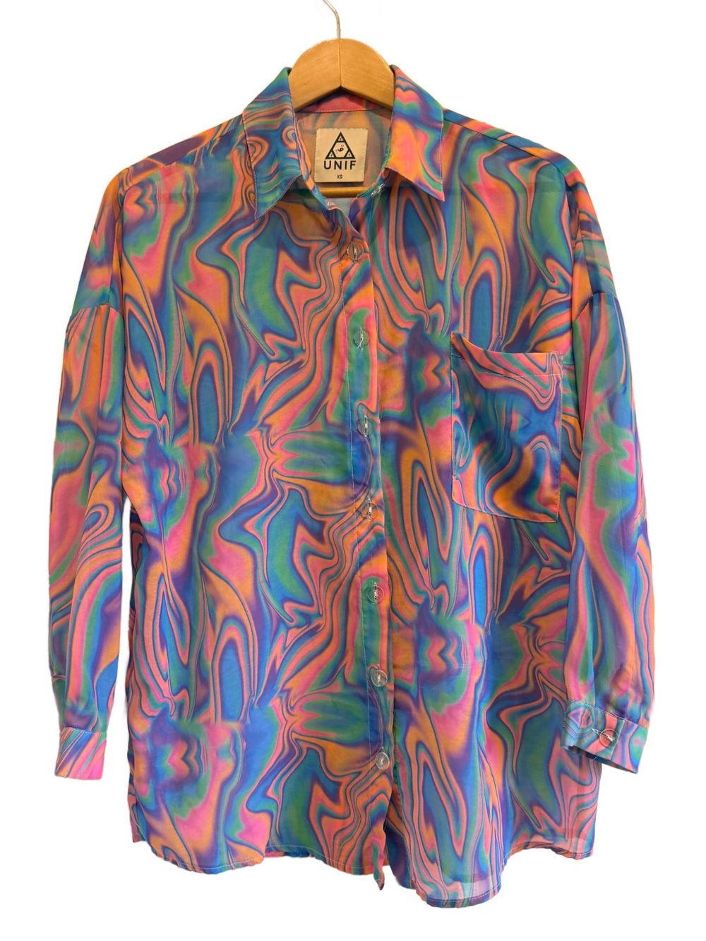 UNIF Melt Button Up Shirt Psychedelic Marble Sheer Swirl Print Size XS GUC